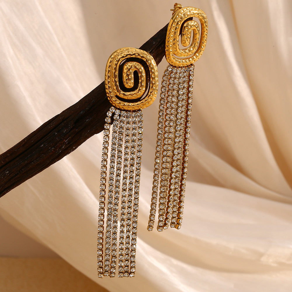 Ladies 18K Gold No Fade Stainless Steel Luxury Vortex Ful CZ Tassel Earrings