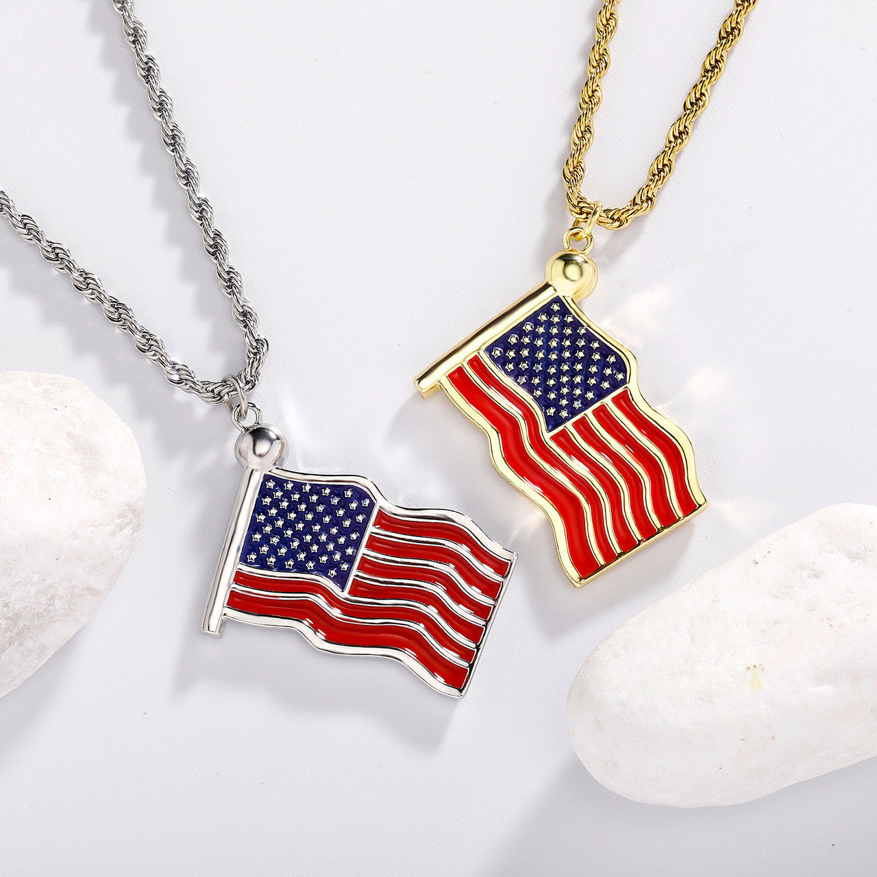 God Bless America | Red Oil American Flag 14k Gold 925 Silver Pendant Chain Necklace