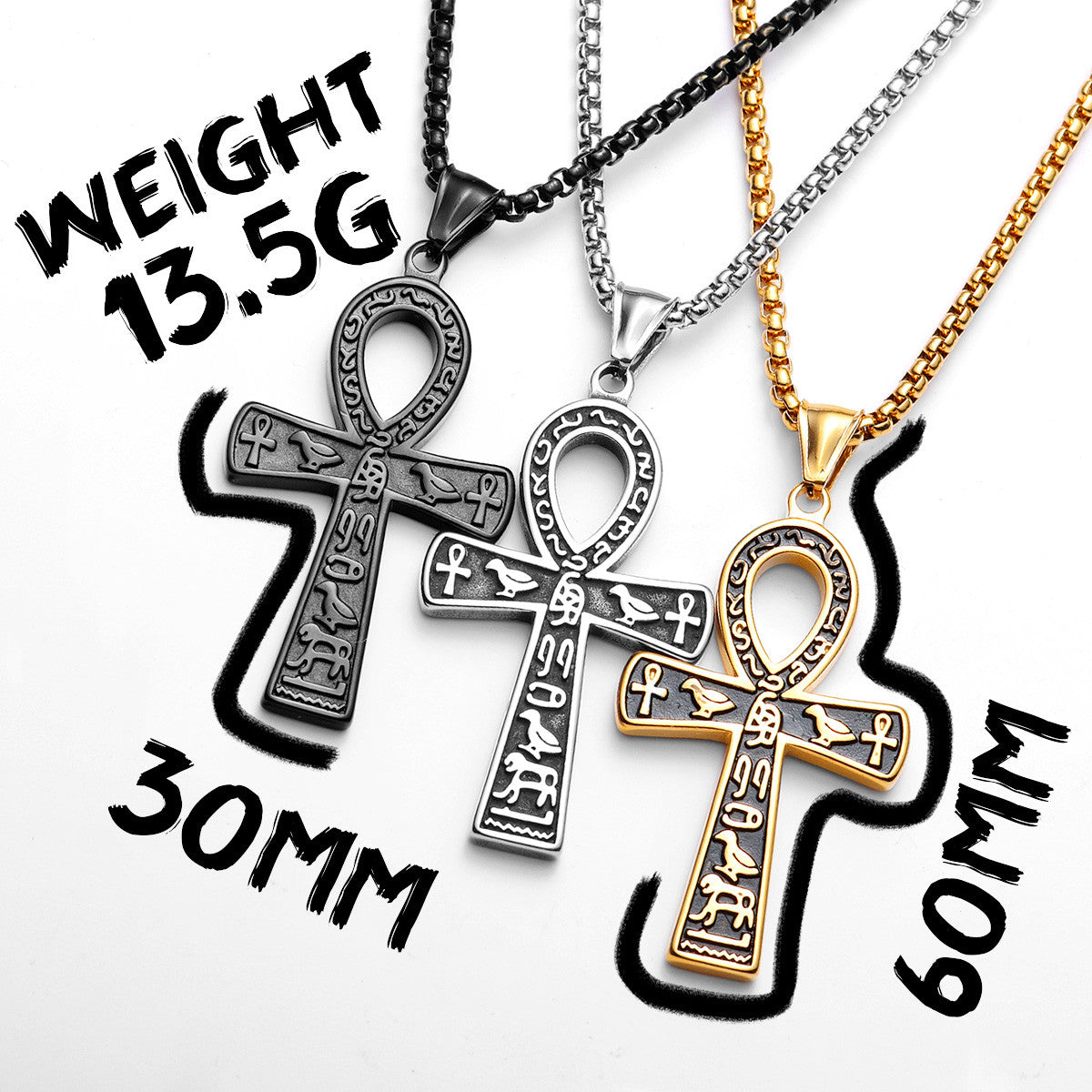 Hieroglyph Ankh | 316L Solid Stainless Steel Egyptian Ancient African Ankh Cross Pendant