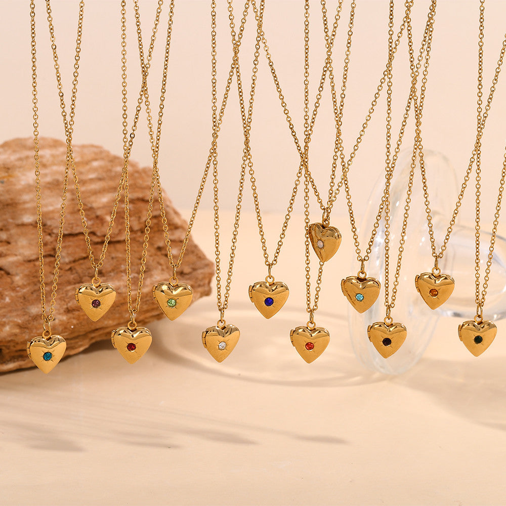 Women's Birth Stone Heart Shape Photo Box Pendant 18k Gold Waterproof Necklace