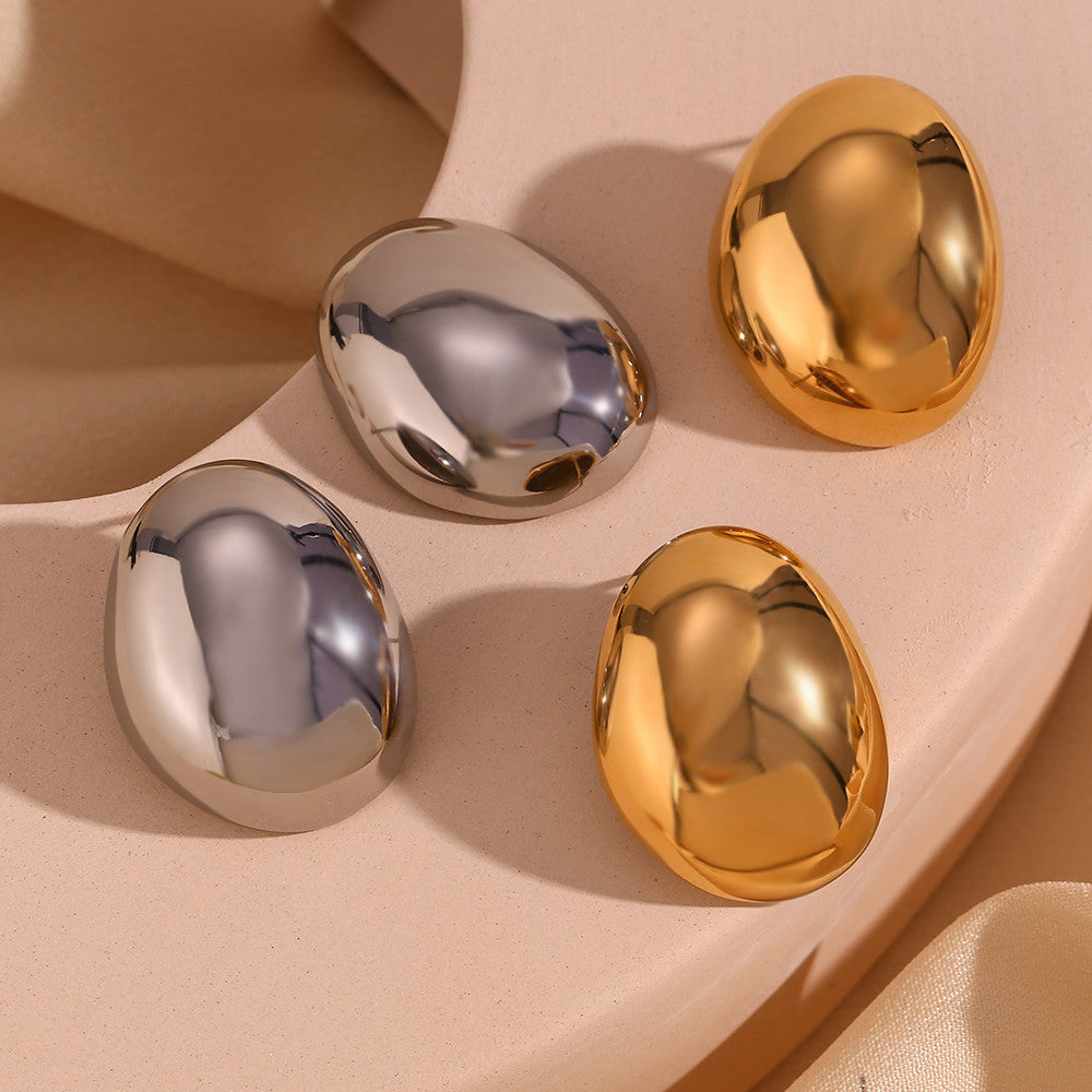 Ladies 18k Gold Waterproof Smooth Exaggerated Round Stone Shaped Earrings