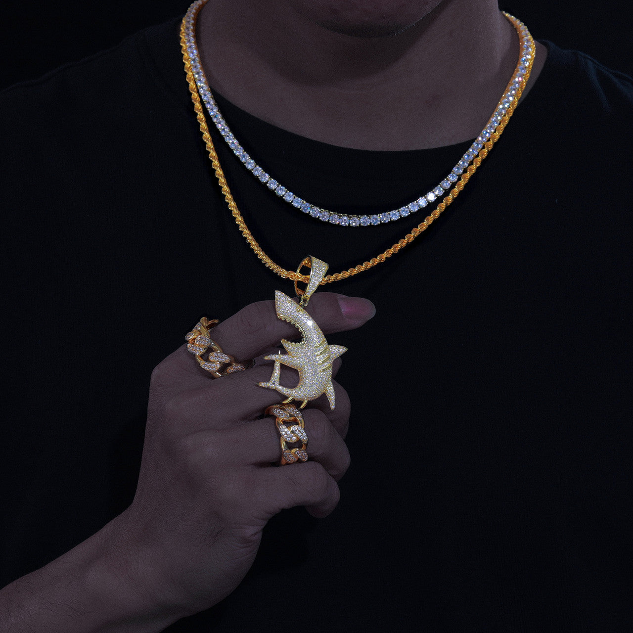 Shark Strike | Sterling Silver VVS Diamond Stones Great White Shark Iced Pendant