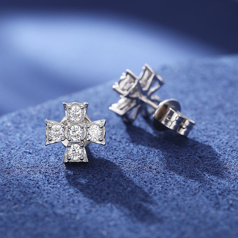 Radiant Cross Moissanite Diamond Solid 925 Sterling Silver White Gold Hip Hop Earrings