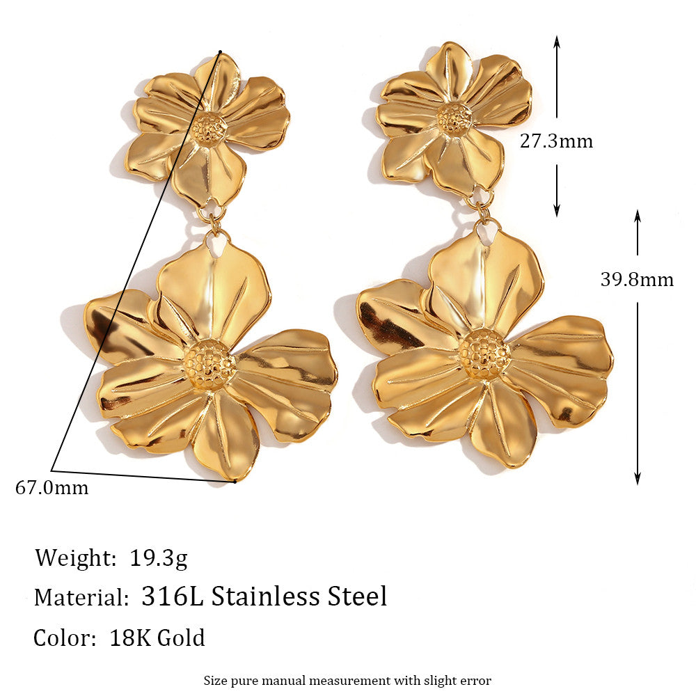 18k Gold Two Flower Stitching Drop Waterproof Tarnish Free Stainless Steel Earrings