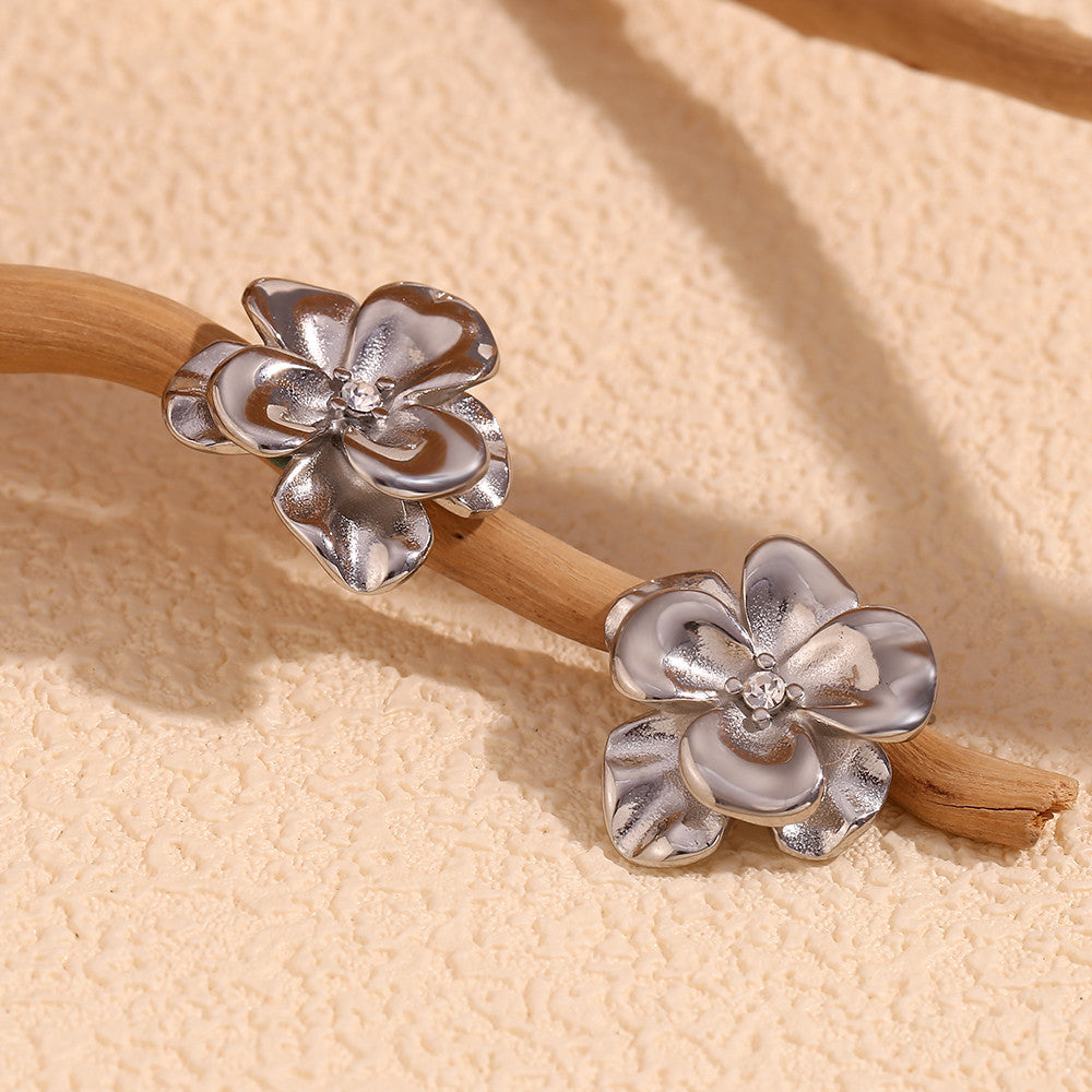 Stainless Steel Retro Flower Double Layer 18k Gold Silver Waterproof Earrings