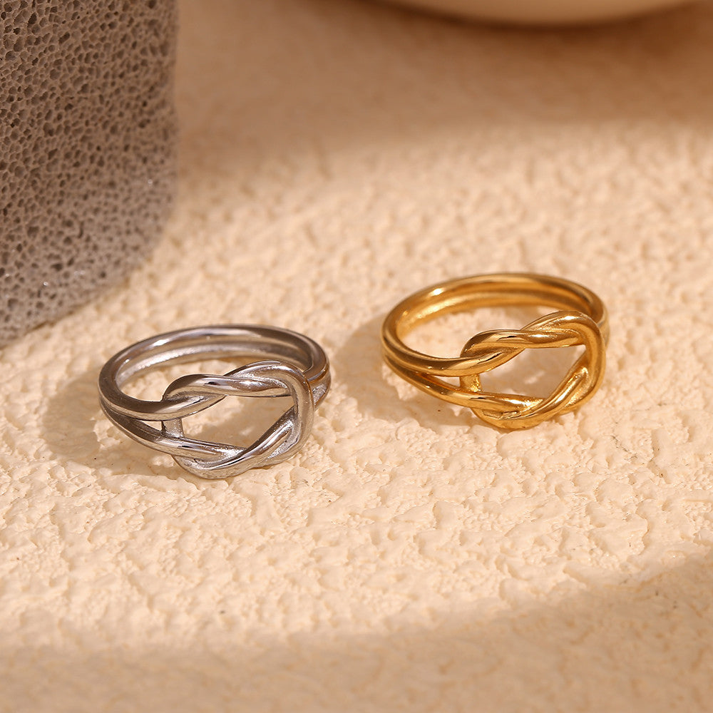 Ladie's 18k Gold Silver Waterproof Simple Knot Double Layered Couple Rings