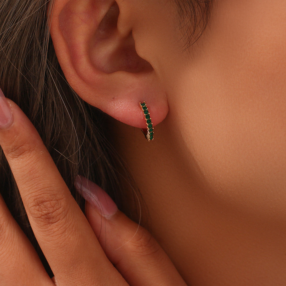 18k Gold over Stianless Steel Waterproof Green Round CZ Paved Huggie Hoop Earrings