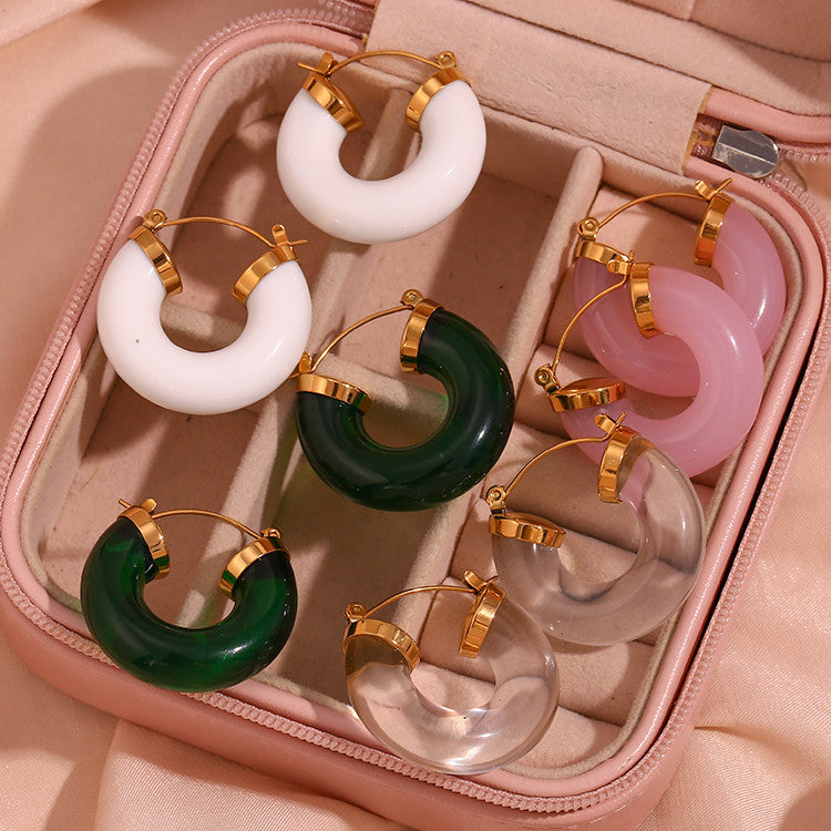 Ladies Acrylic Green Pink White Chunky 18k Gold Stainless Steel Acrylic Hoop Earrings