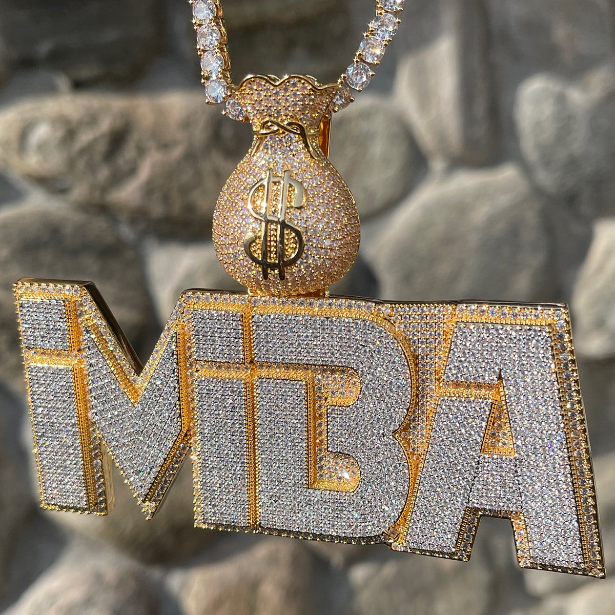 Mr. Money Bags | Flooded Ice Name Plate Custom Made Iced Blinged Out  Pendant