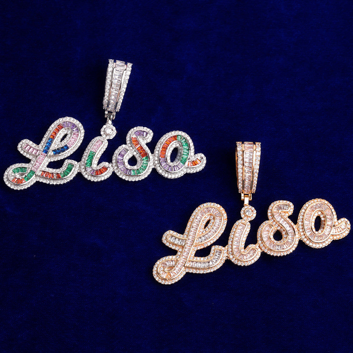 Candy Elegance | Colorful VVS Diamond CZ Baguette Custom Script Bling Necklace