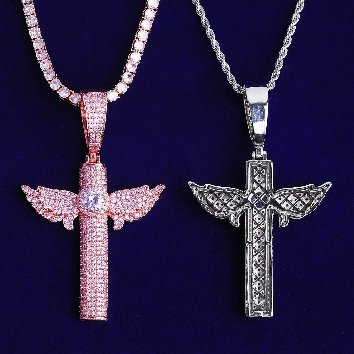 Angelic Cross | Iced Blinged Out 5A+ VVS Diamond Angel Wings Cross Center Stone Pendant