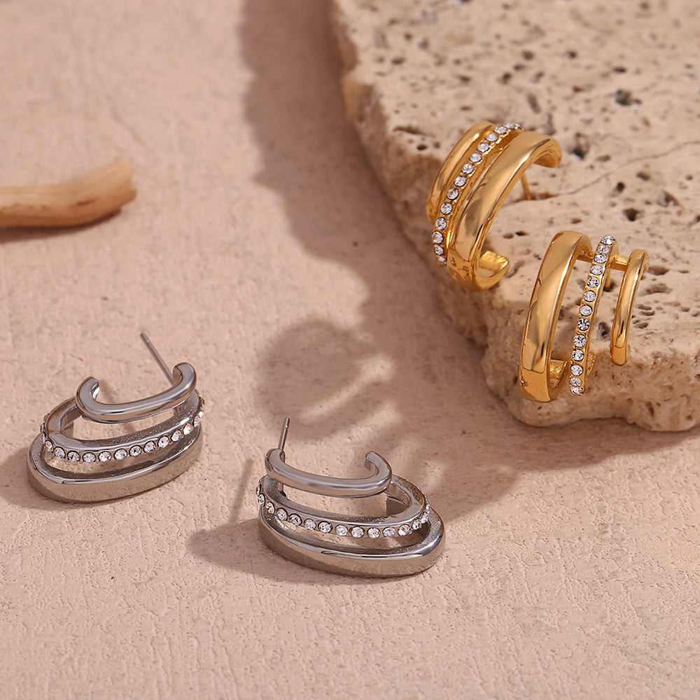 18k Gold Three layer C-shaped CZ Stone Stainless Steel Tarnish Free Earrings