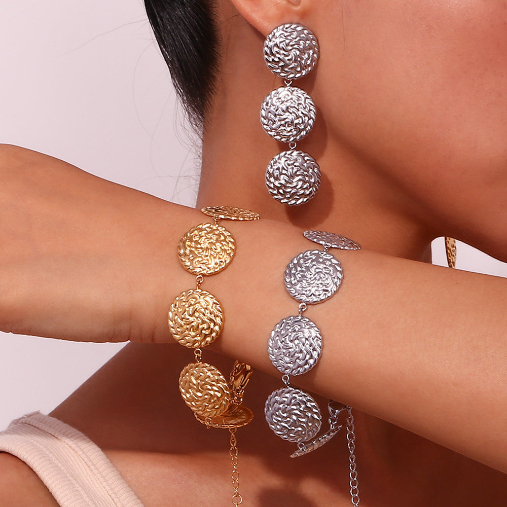 18k Gold Silver Circular Hammered Pattern Tarnish Free Stainless Steel Bracelet