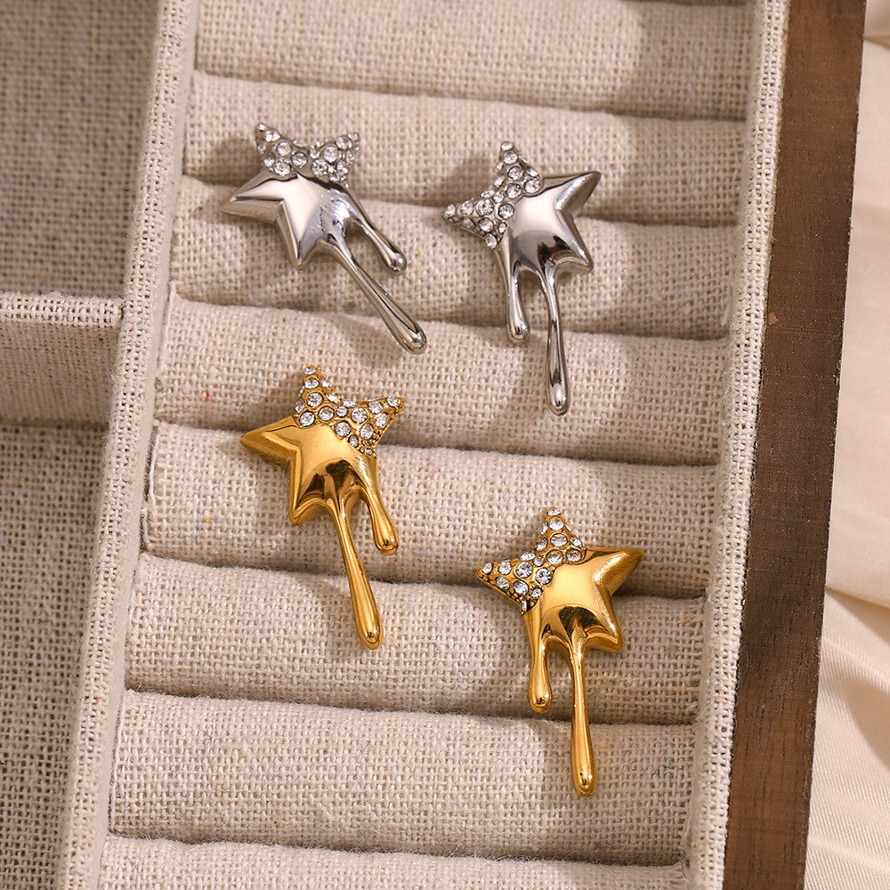 18k Stainless Steel Bling Bling CZ Star Tassel Stud Waterproof Hip Hop Earrings