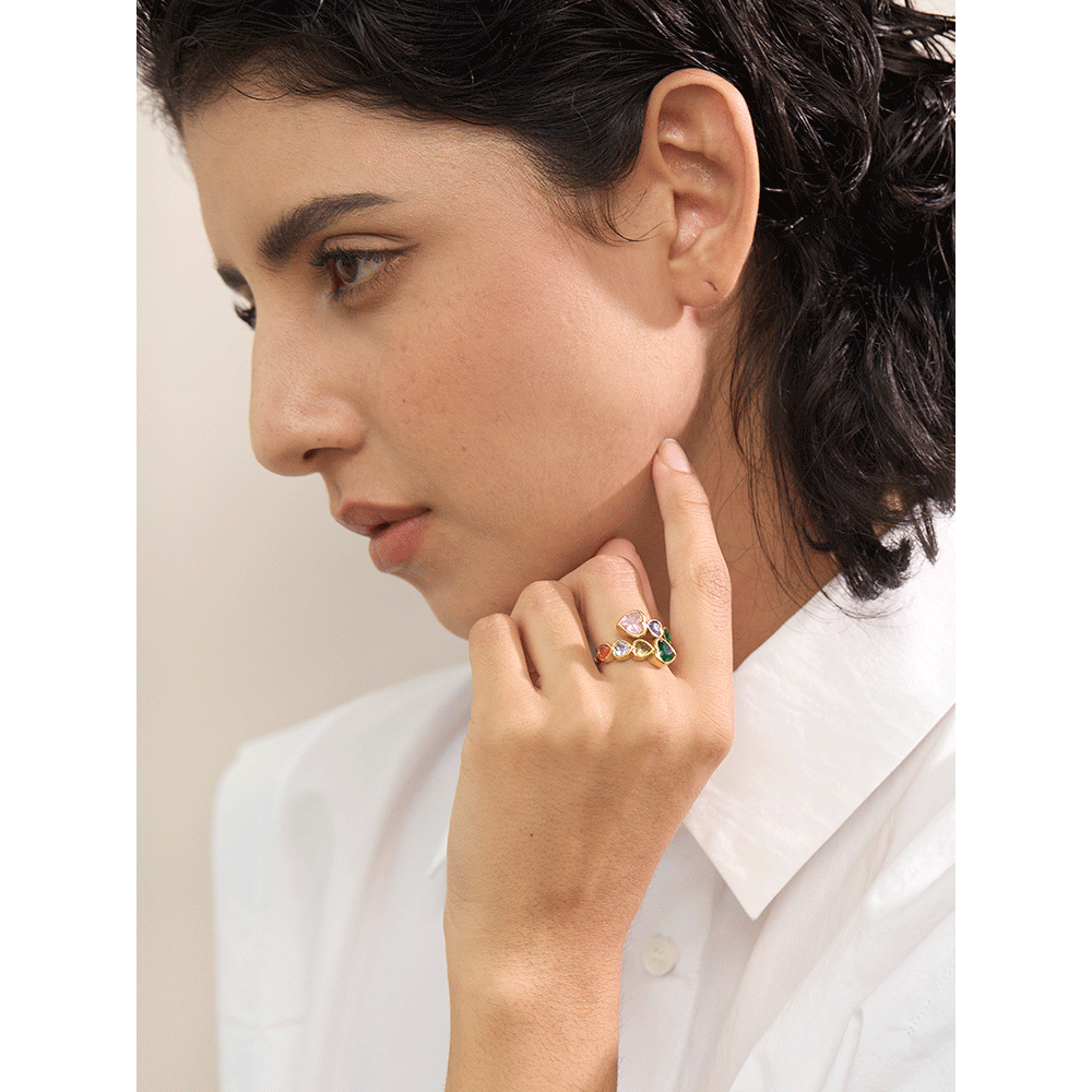 Ladies Cubic Zirconia Heart Stainless Steel 18k Gold Adjustable Fashion Open Ring