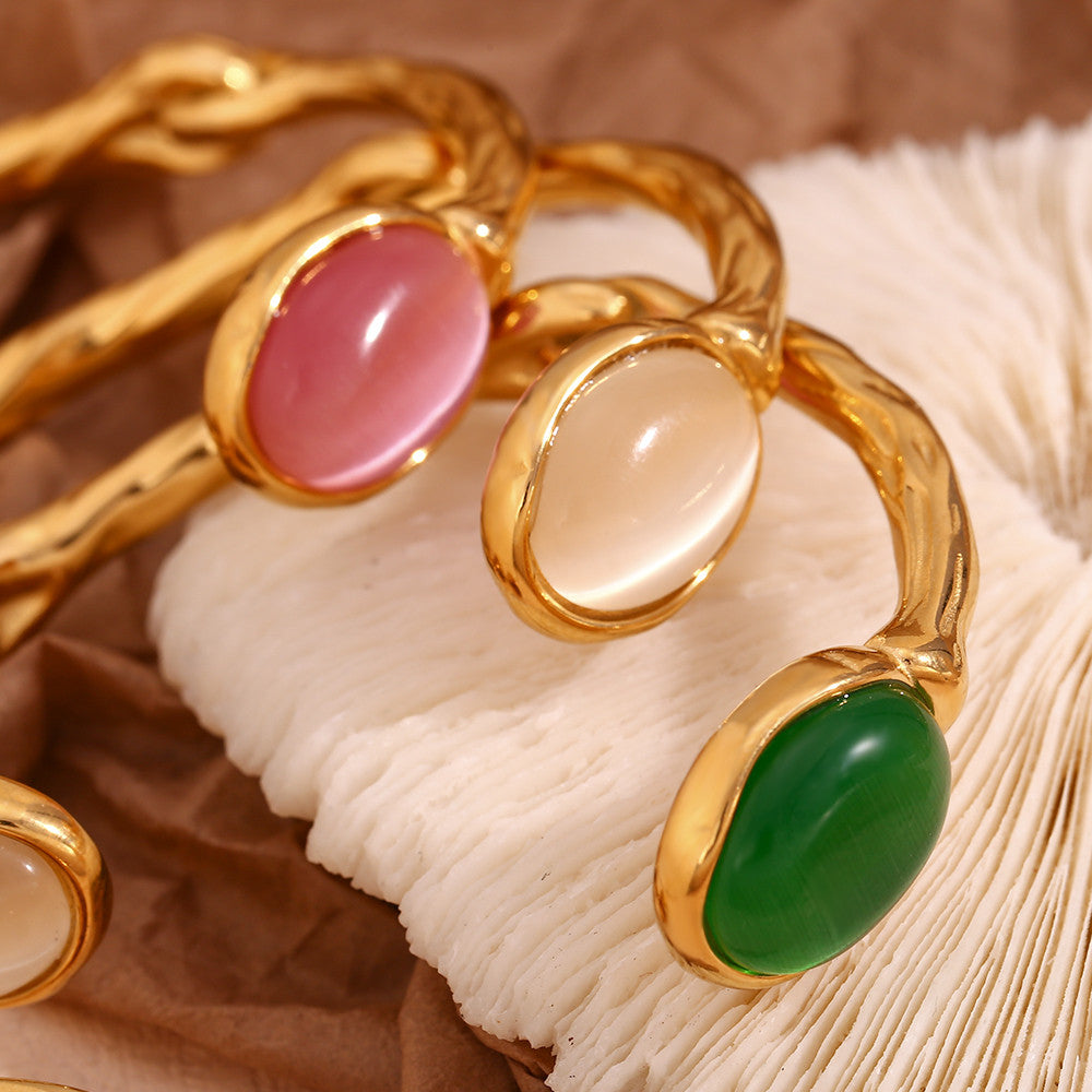 18k Gold Stainless Steel Oval Natural Stone Open Irregular Green Agate Crystal Bracelets
