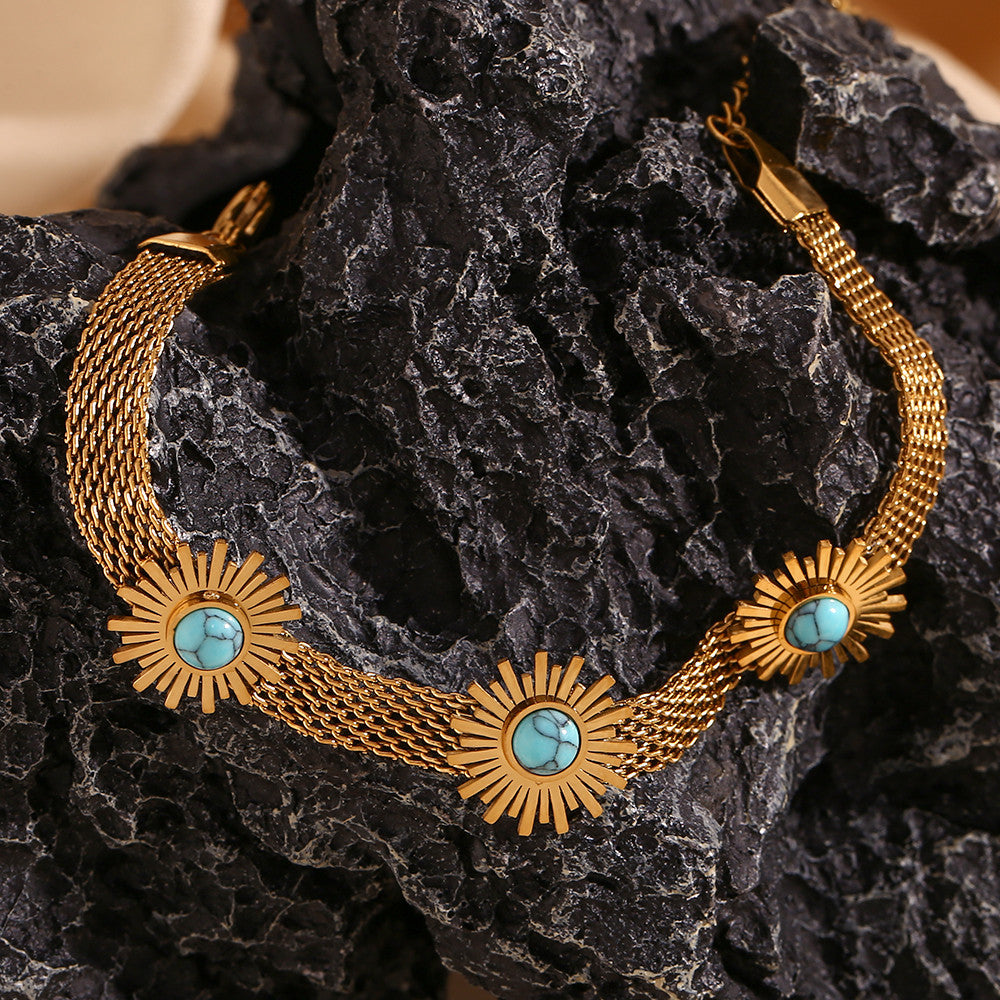 18k Gold Solid Stainless Steel Waterproof Blue Turquoise Sunflower Woven Mesh Chain Bracelet