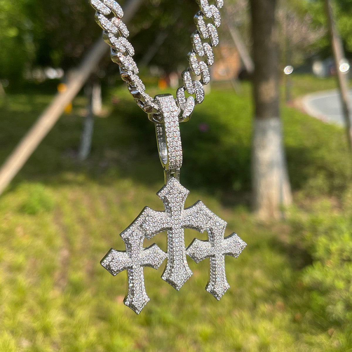 Flooded Ice Trinity Calvary Cross Hip Hop Pendant Chain Necklace