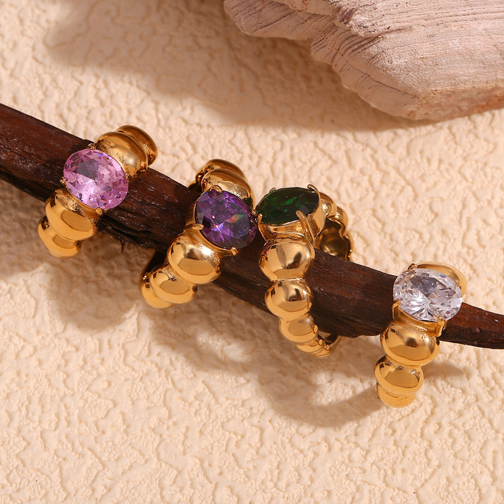 Ladies 18k Gold 316L No Fade Stainless Steel CZ Stone Round Bubble Rings