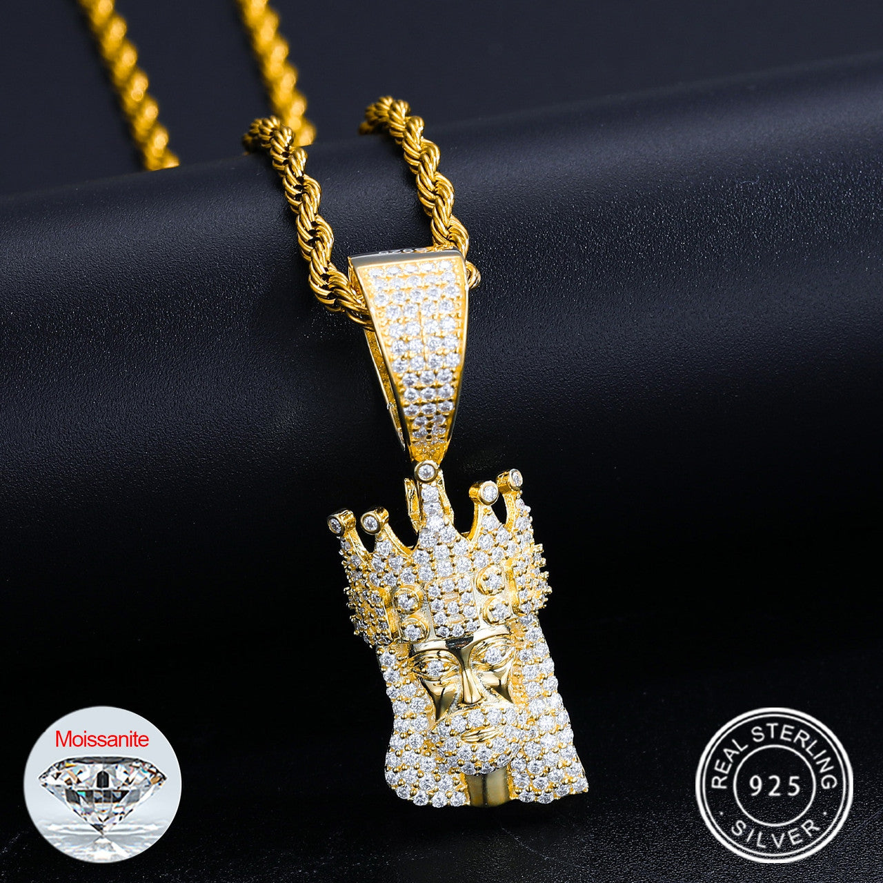 Solid 925 Silver Genuine VVS Diamond King Jesus Crown Hip Hop Chain Pendant