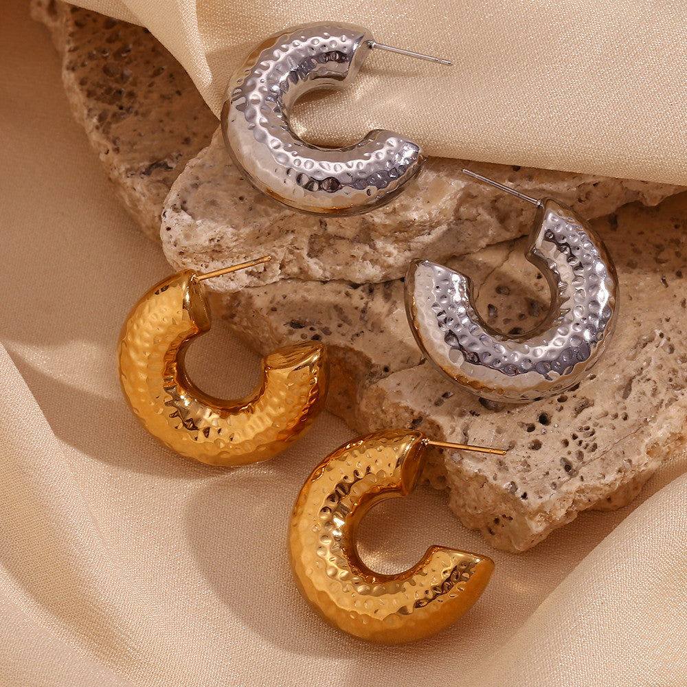 Silver 18k Gold Over Stainless Steel No Tarnish Hollow Hammered Pattern Hoop Earrings