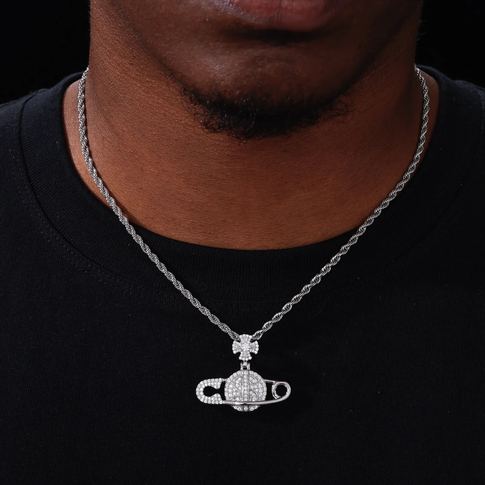 Secure The Bag ll | Iced Blinged Out Moissanite Diamond Safety Pin Money Bag Cross Pendant
