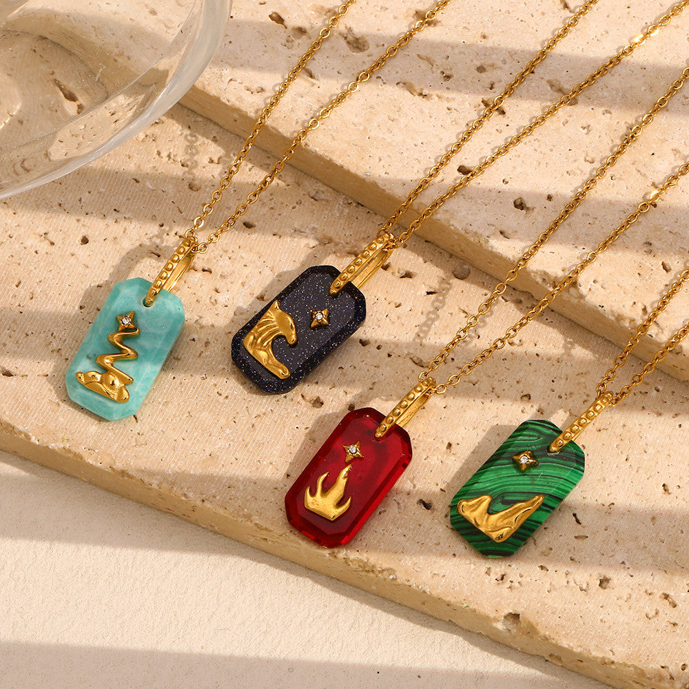 Ladies 18k Gold Stainless Steel Colorful Rectangle Star Lion Pendant No Fade Necklace