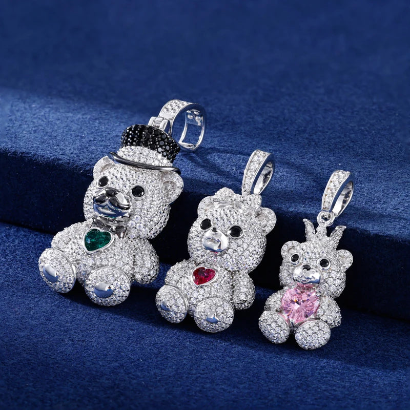 Gentleman Bear Family | 925 Sterling Silver Moissanite Diamond Iced Blinged Out Pendant