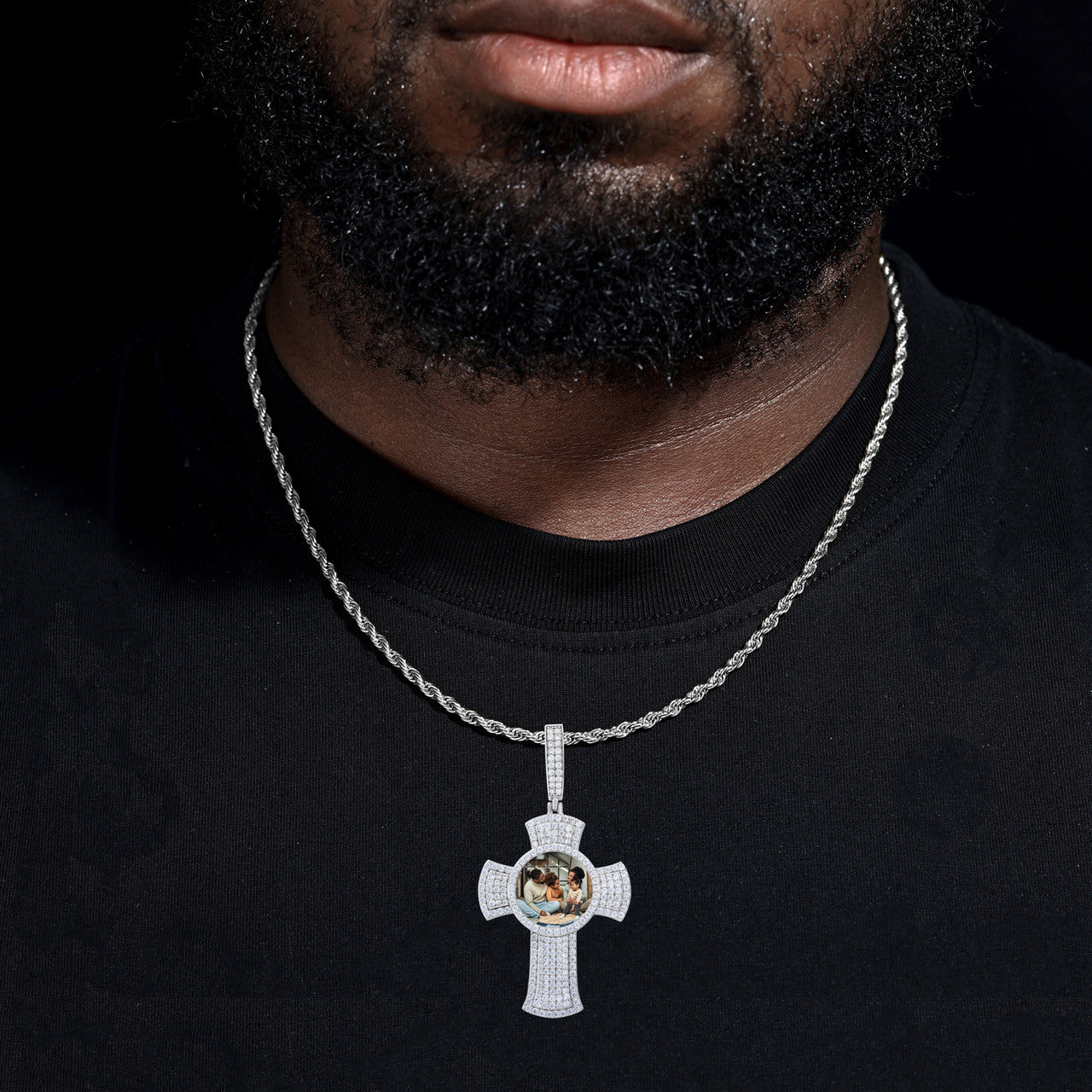 Memory Cross | Moissanite Diamond Solid 925 Silver Custom Photo Cross Iced Pendant
