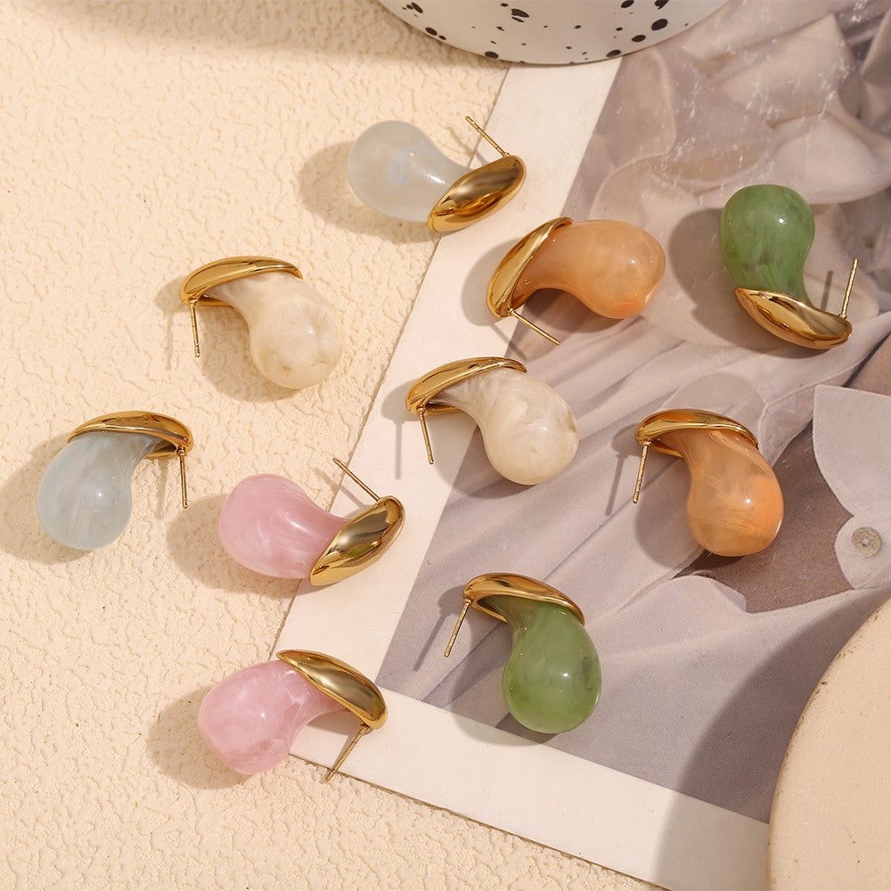 Ladies 18k Gold Waterproof Stainless Steel Summer Style Candy Colored Resin Drop Earrings