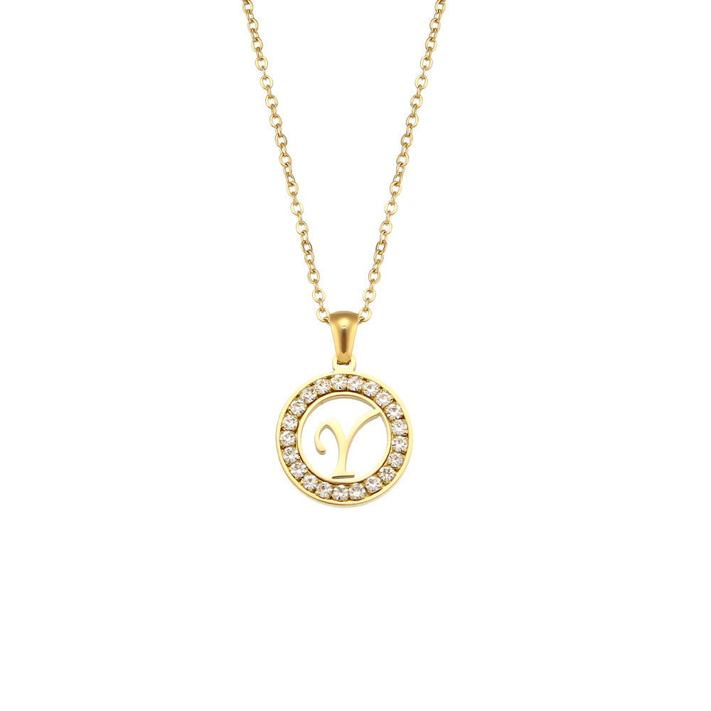 18k Gold Waterproof Hollow Round CZ Paved 26 Alphabet Initial Necklace
