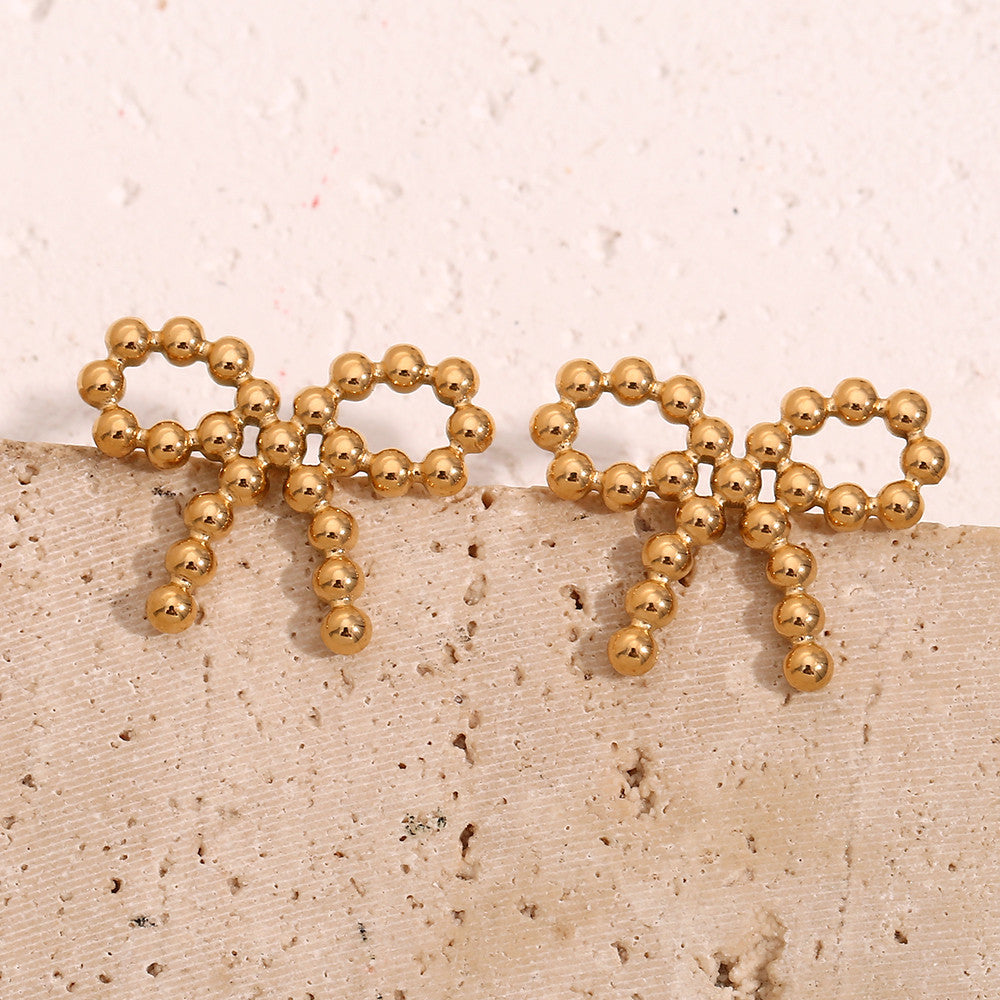 The Prize | 18k Gold Stainless Steel Waterproof Elegant Tiny Round Beads Bowknot Stud Earrings