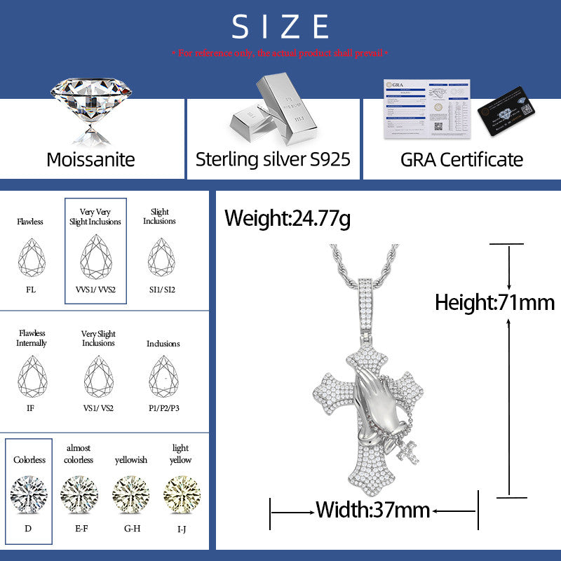 The Power Of Prayer | Solid 925 Silver Prayer Hands Cross Moissanite Diamond Hip Hop Pendant