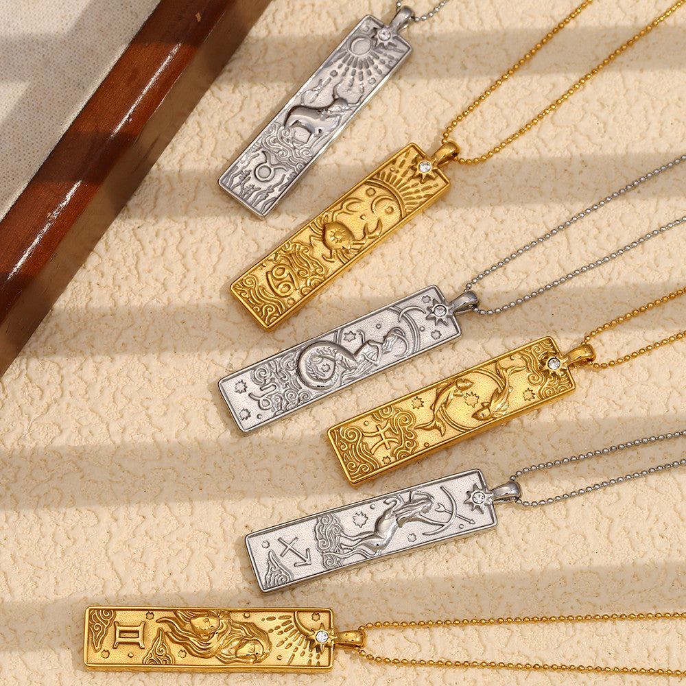 Ladies 18k Gold Waterproof Stainless Steel Rectangle Shape 12 Constellation Pendant Necklace