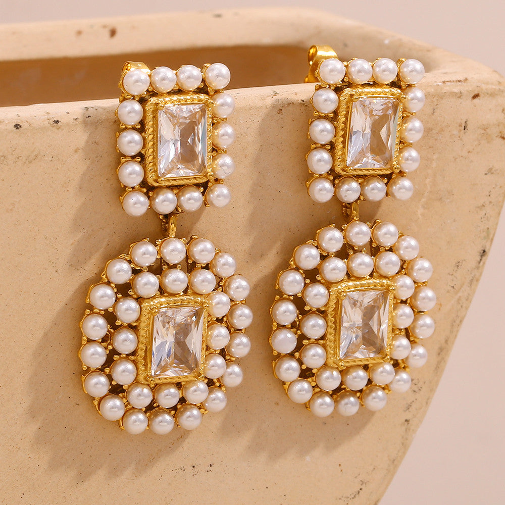 Ladies 18K Gold Waterproof Stainless Steel Luxury Square Zircon Full Pearl Stud Earrings