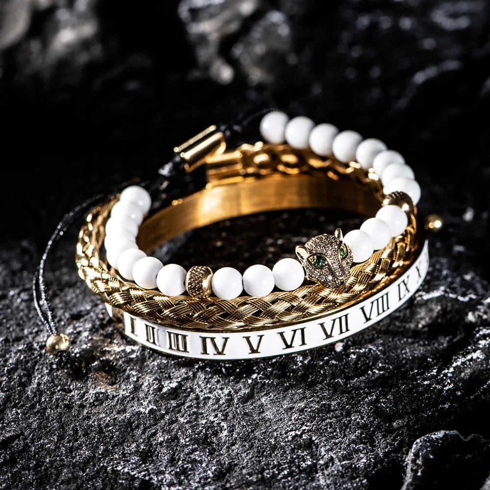 Imperial Force | Luxury Kings Crown 18k Gold Black Stainless Steel Bracelet 3 Piece Set