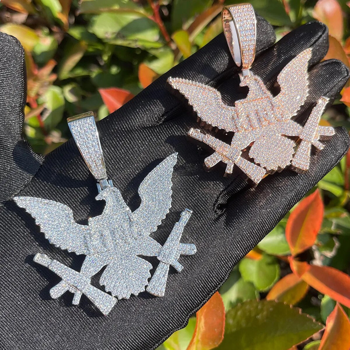 24k Gold 925 Silver Hip Hop King Eagle Holding Chopper Iced Blinged Out Pendant