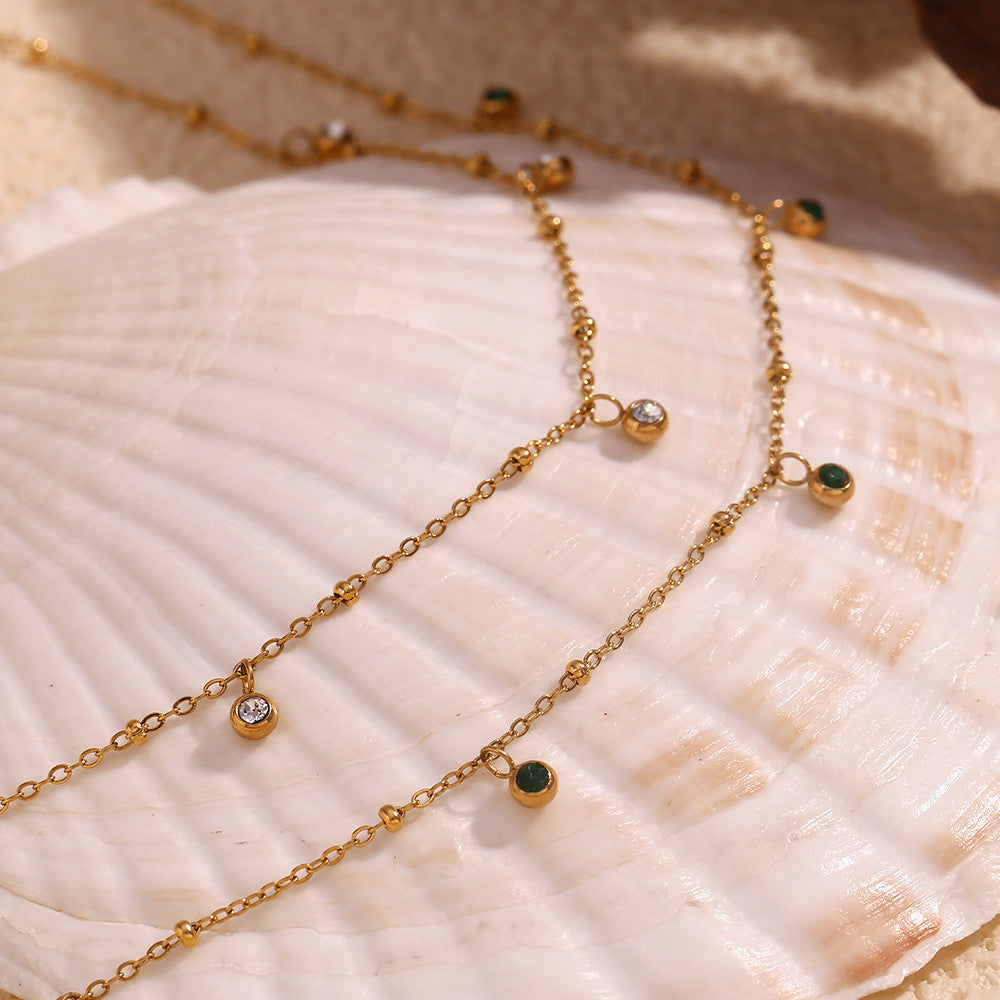 Ladies Stainless Steel Green White Zircon 18k Gold Waterproof Hypoallergenic Necklace