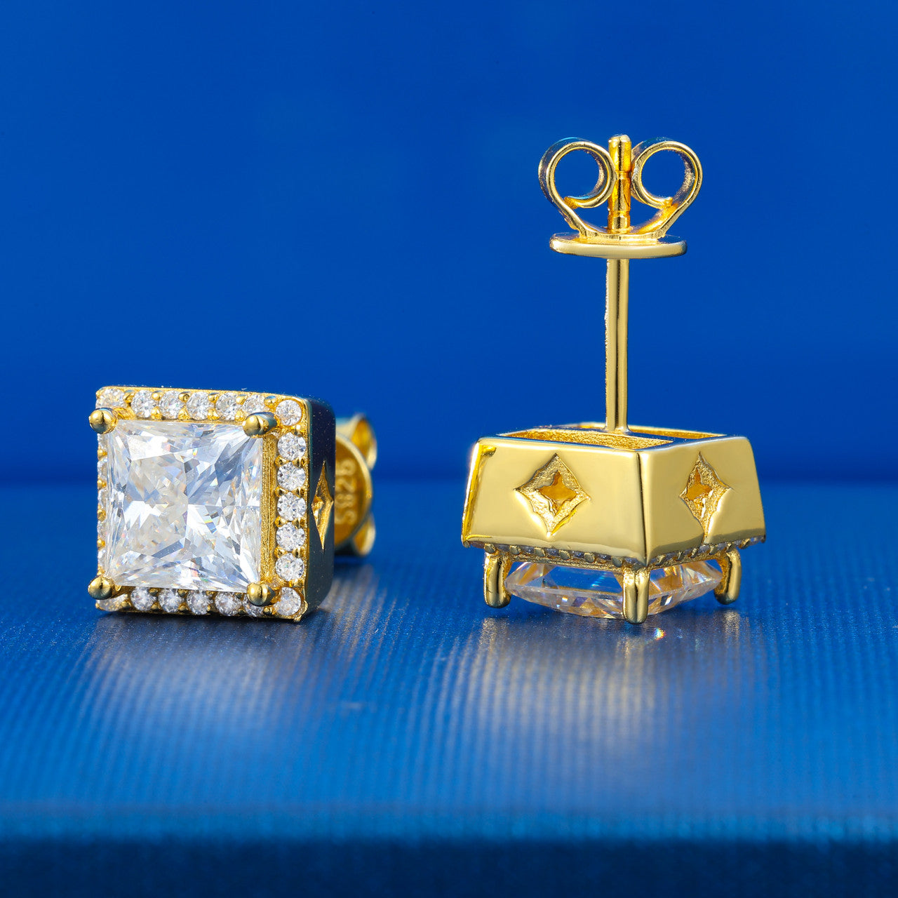 925 Sterling Silver Moissanite Diamond Halo Stud Hip Hop Princess Cut Earrings