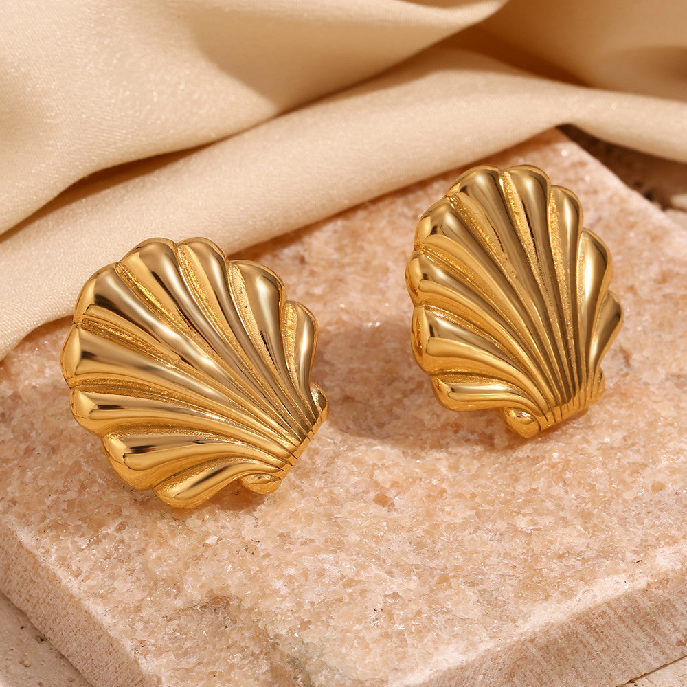 18k Gold Water Resistant Sea Shell Scallop Stud Solid Stainless Steel Boho Earrings