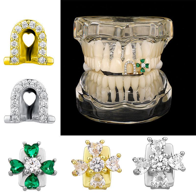 Iced Clover Heart | VVS Diamond CZ Heart Stone Lucky Horse Shoe Mouth Tooth Teeth Hip Hop Grillz