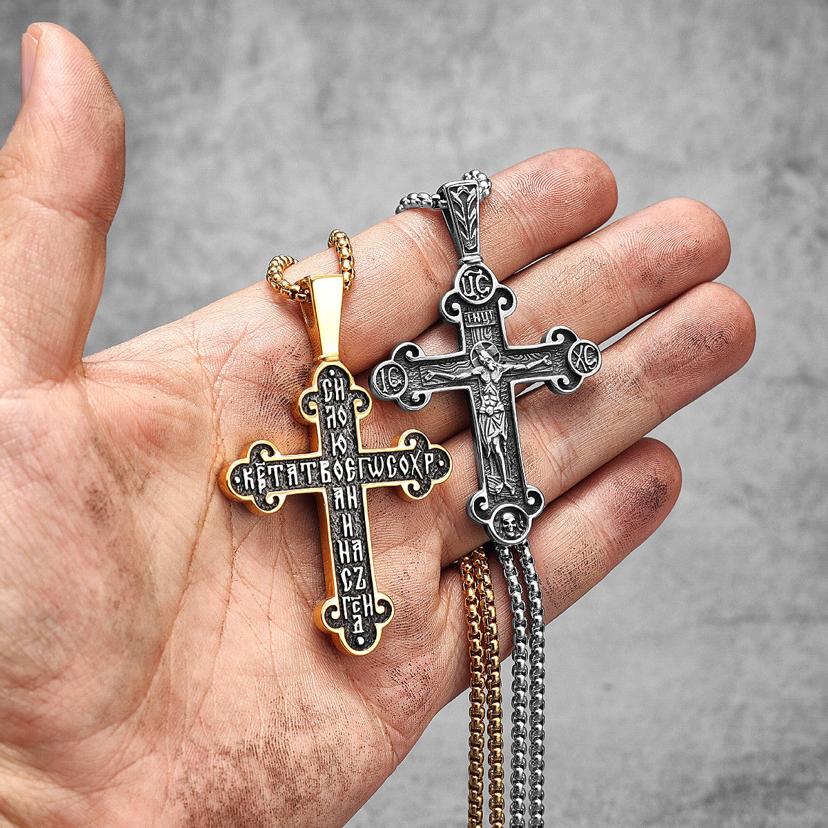 Jesus Cross | 14k Gold over 316L Stainless Steel Religion Amulet Pendant Chain Necklace