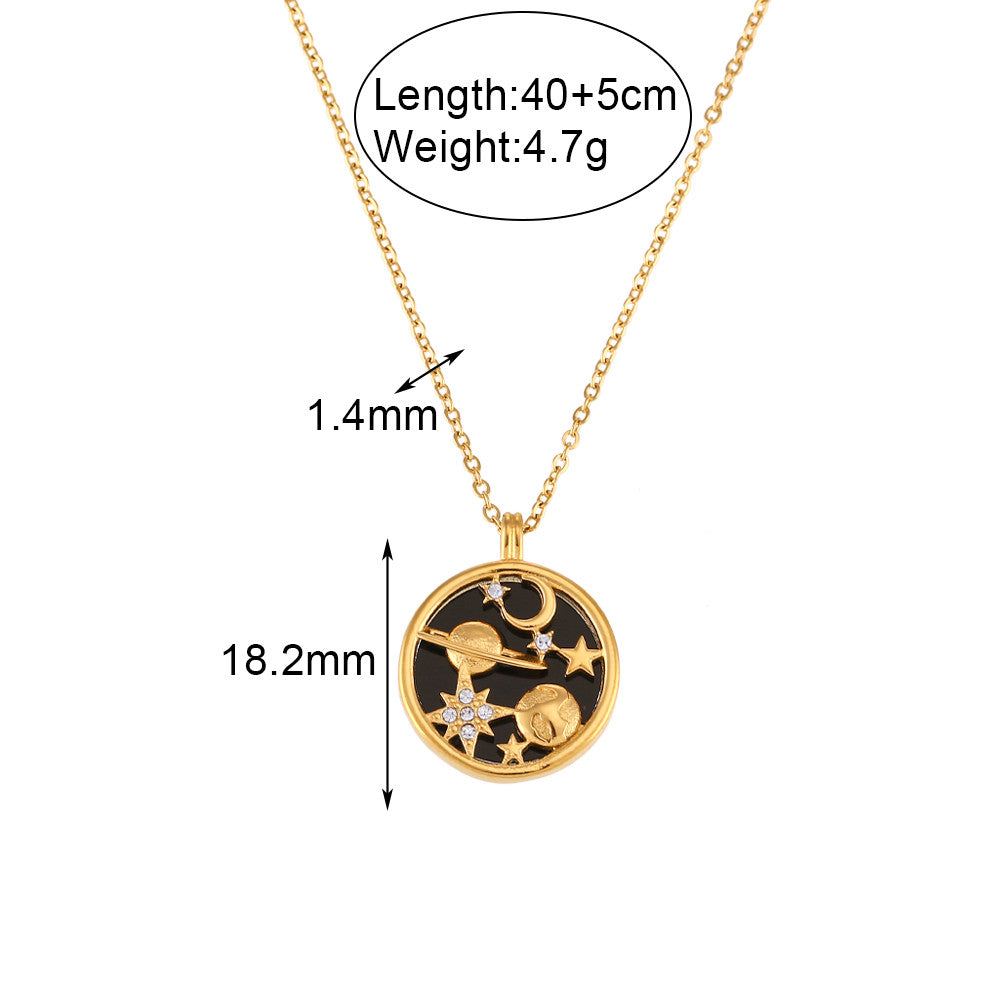 Women's Stainless Steel Black White Shell Moon Star Universe Coin 18k Gold Waterproof Necklace