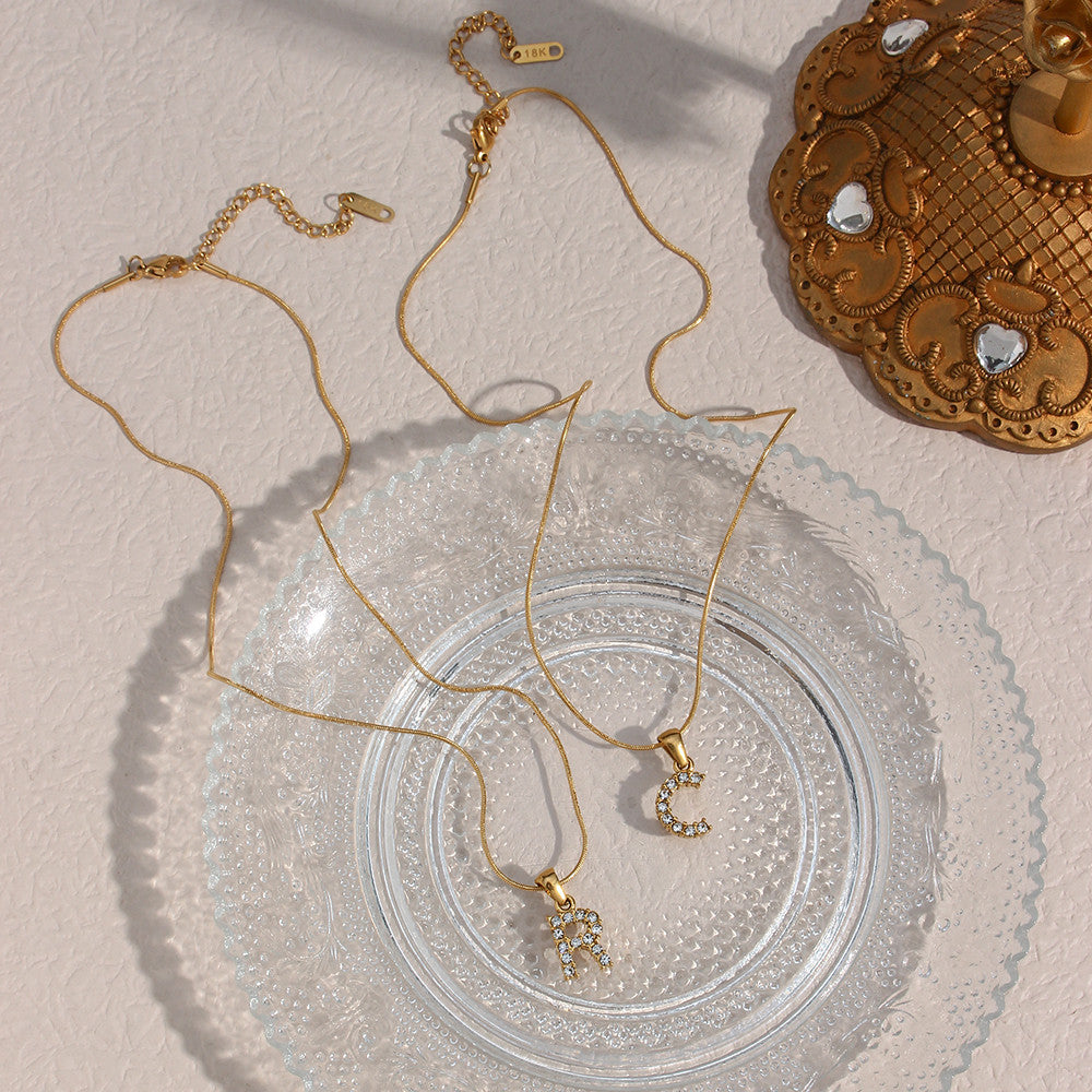 18k Gold Stainless Steel Thin Snake Chain 3A Zircon Stone Paved Initial Necklace