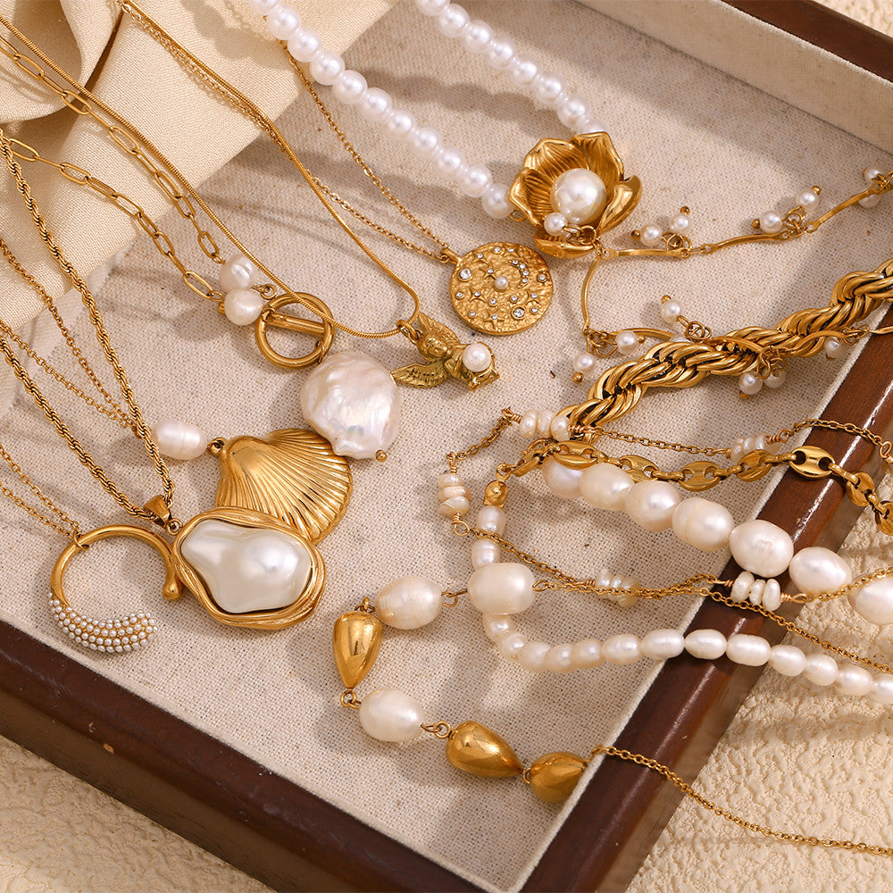 Women's 18k Gold Stainless Steel Waterproof Imitation Pearl Irregular Series Necklace