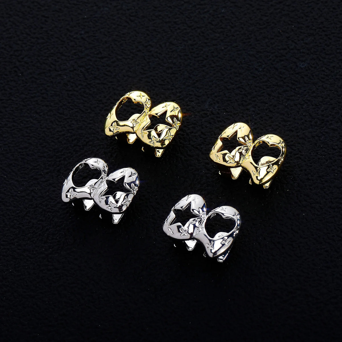 Stars Heart | 2 Piece Double Hollow Heart Star Hop Hop Teeth Tooth Caps Grillz