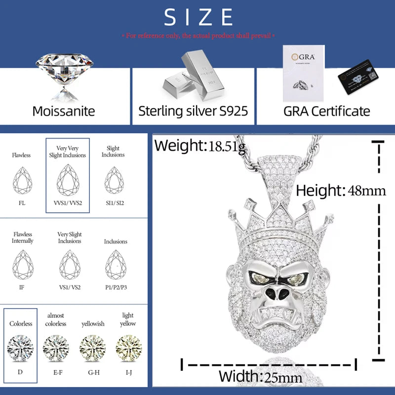 Real in The Field | King Kong Moissanite Diamond Solid Sterling Silver Hip hop Pendant