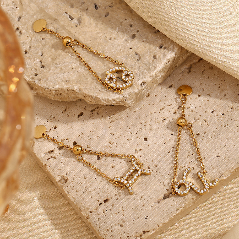 Ladies Waterproof 18k Gold Stainless Steel 12 Constellation Bling Adjustable Zodiac Rings