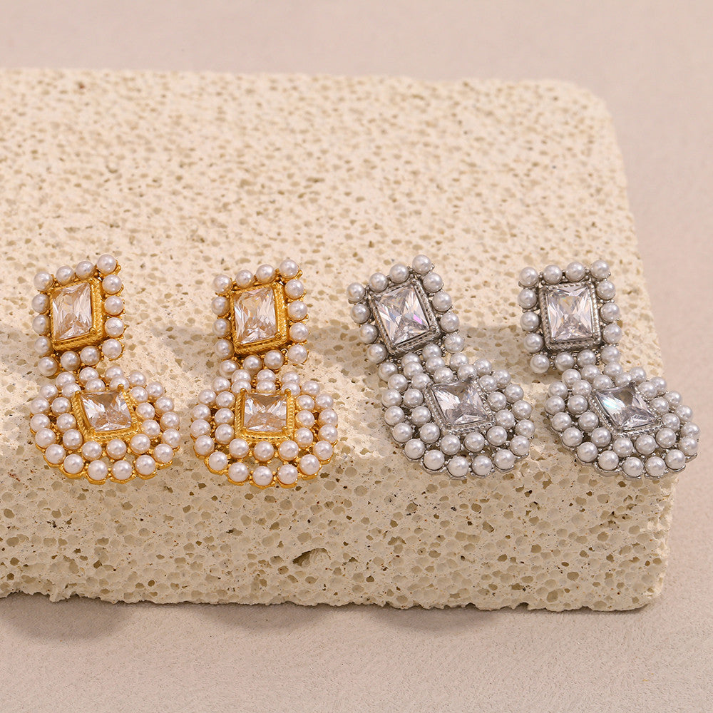 Ladies 18K Gold Waterproof Stainless Steel Luxury Square Zircon Full Pearl Stud Earrings