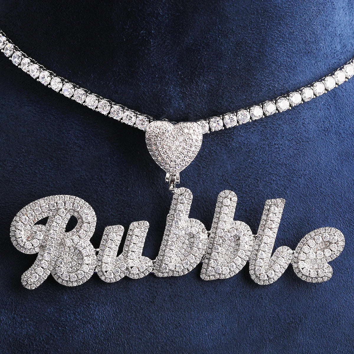 Heart Bail | VVS Diamond CZ Cluster Stone 24k 925 Silver Rose Gold Script Name Plate Pendant